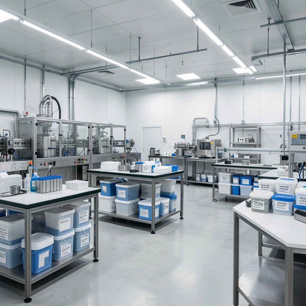 Fenaro production facility interior with quality-control workbenches, batch-coded containers under bright studio lighting in a clean workspace