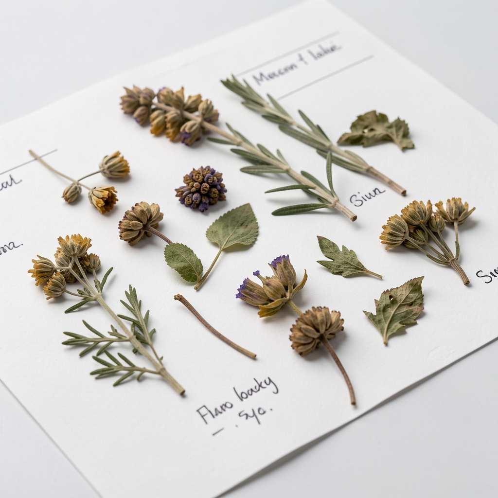 Close-up of dried botanical herb specimens arranged on white documentation paper with labelling notations visible, under controlled studio lighting
