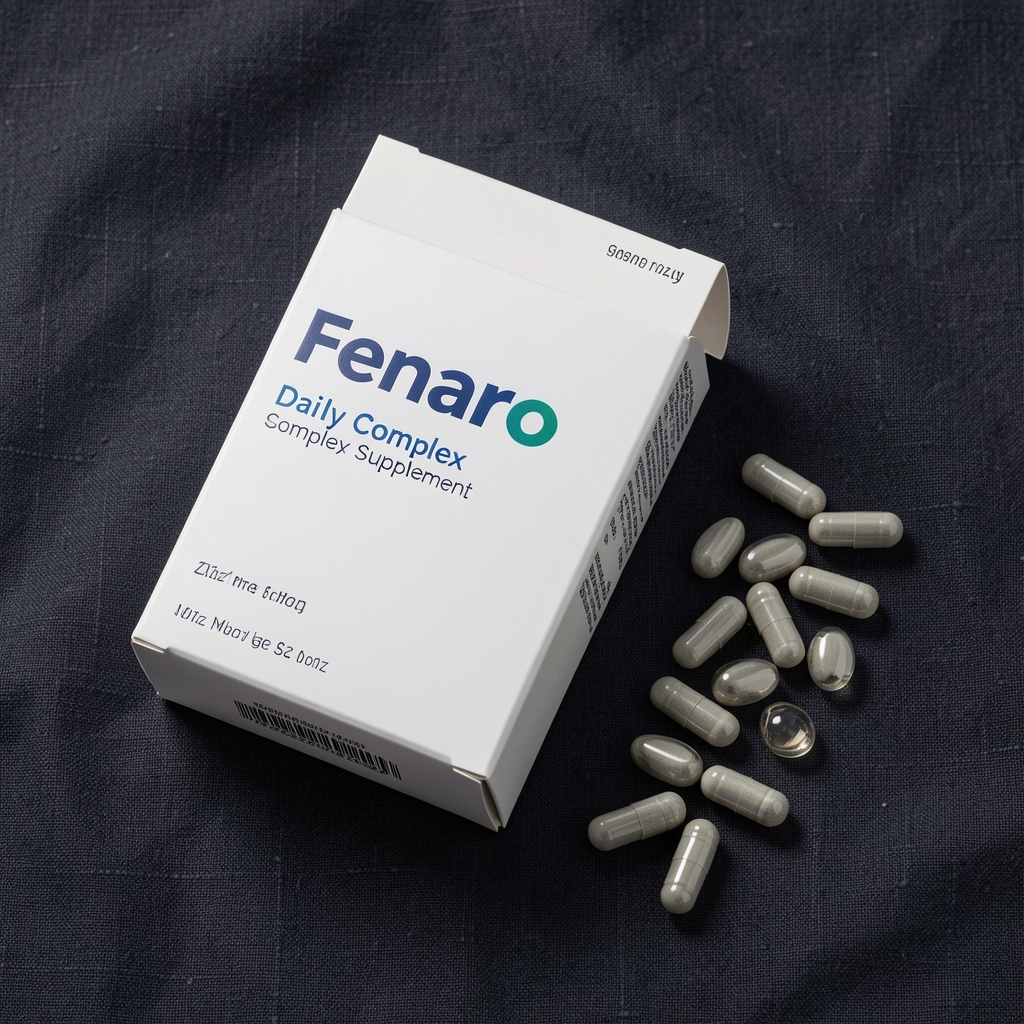 Fenaro daily complex supplement packaging displayed flat on dark linen with zinc and magnesium capsule contents arranged beside it under controlled studio lighting