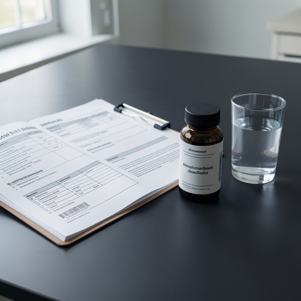 Fenaro Energy and Stamina Complex supplement bottle placed alongside an open batch documentation folder and a glass of water on a dark matte table in a clean workspace