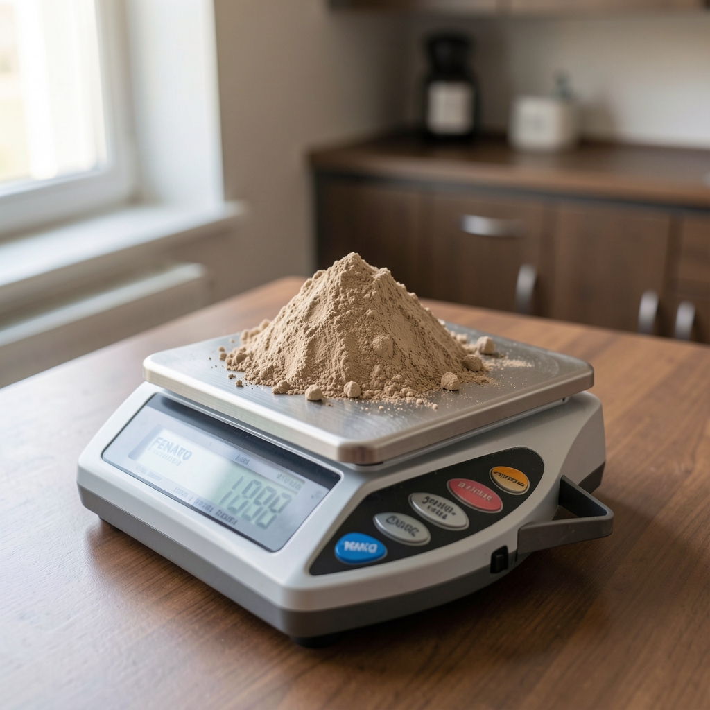 Natural raw mineral powder ingredients weighed on a precision balance scale inside Fenaro's production area, with documentation forms nearby